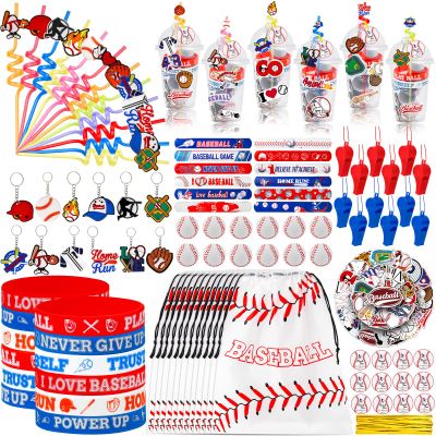 170 Pcs Baseball Party Favors Party Supplies Contains Baseball Goodie Bags Cups Straw Stickers Foam Baseballs Bracelets Keychains Thank You Tags - Ideal Baseball Birthday Party Supplies for Team