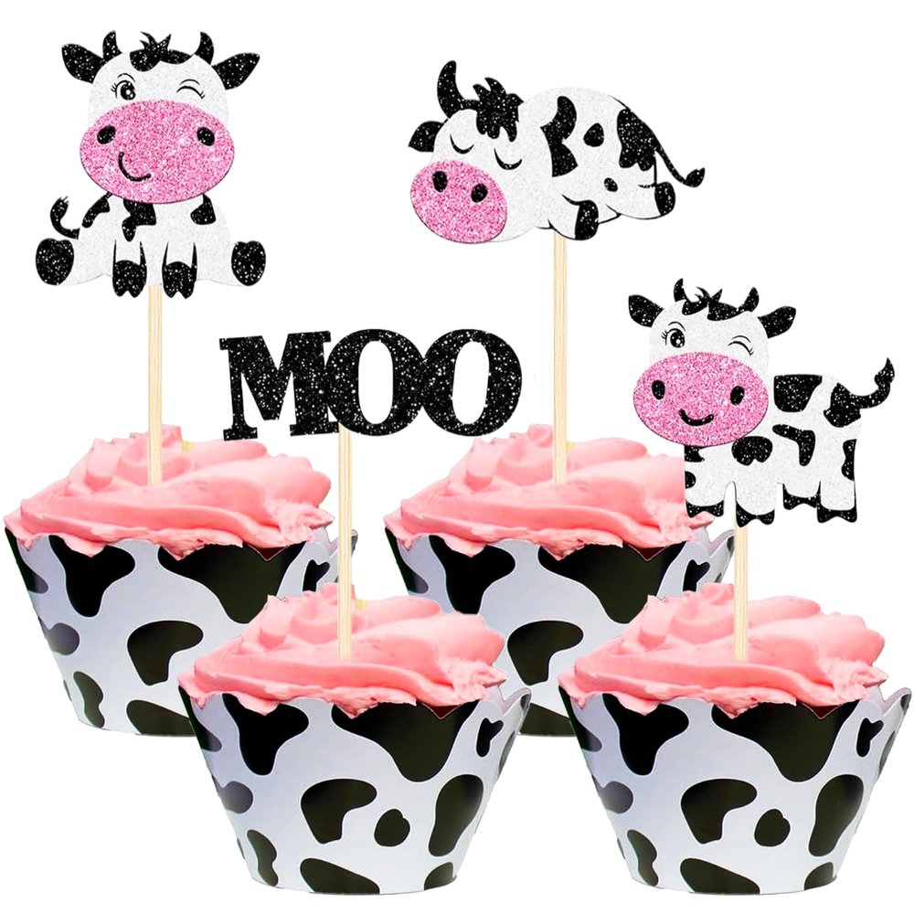 12 Pcs Glitter Cow Cupcake Toppers  Farm Animal Moo Cupcake Picks for Cow Theme Baby Shower, Gender Reveal, Kids Birthday Party Cake Decorations
