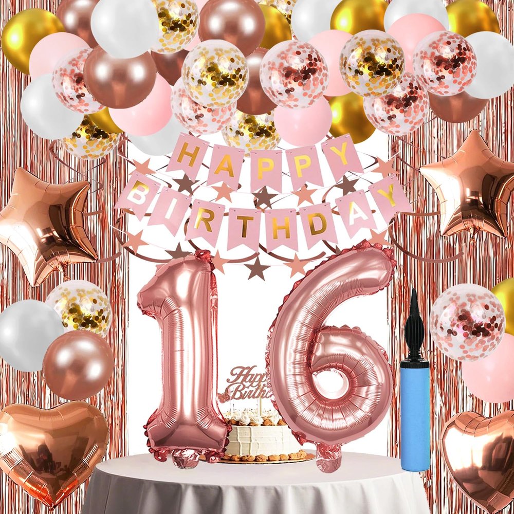 16th Birthday Decorations For Girls, 16 Year Olds Happy Birthday Banners Party Decor Foil Fringe Curtains Heart Star Confetti Balloons, 16th Rose Gold Party Supplies for Girls Women Her