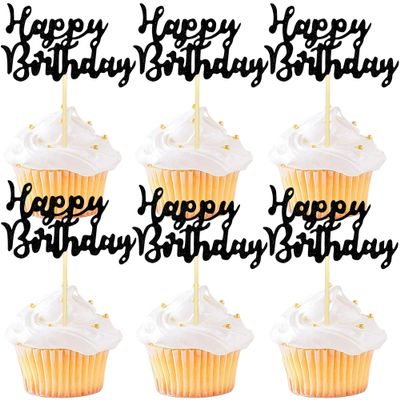 12 Pcs Happy Birthday Cupcake Toppers, Black Glitter Cupcake Decorations for Adult or Children Birthday Party Decorations