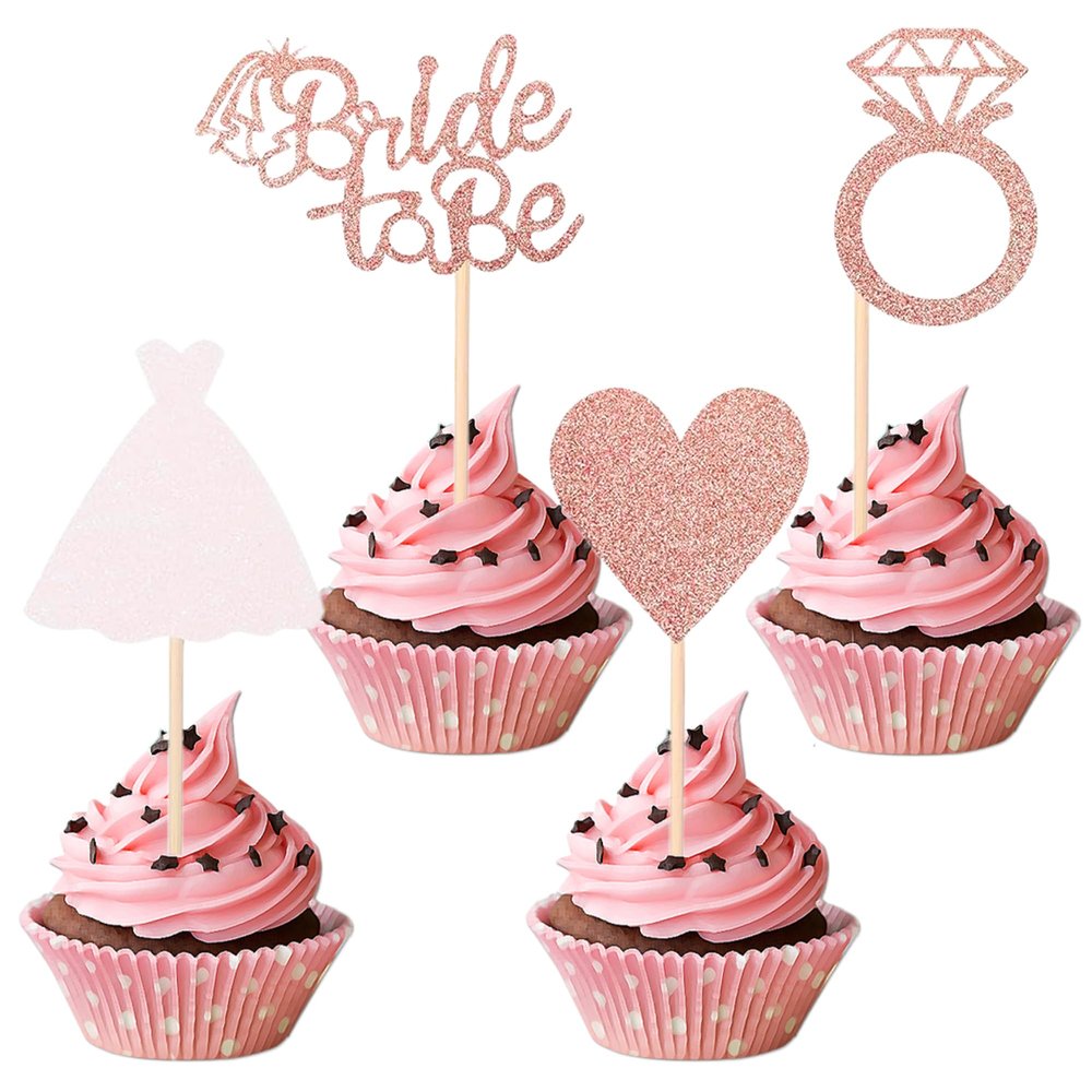 12 Pcs Bride to Be Cupcake Toppers Glitter Wedding Dress, Diamond Ring, Love Heart Picks for Bridal Shower, Wedding, or Engagement Theme Party Decorations