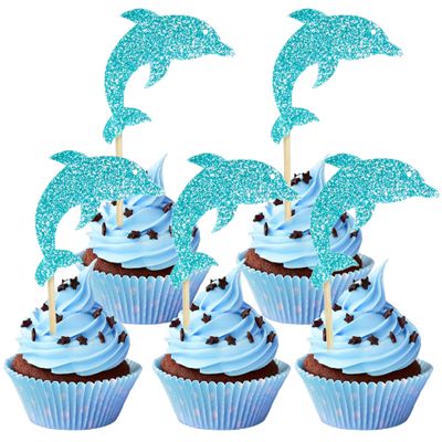 12 PCS Glitter Blue Dolphin Cupcake Toppers, Ocean Theme Cake Decor for Dolphin Themed Birthday Parties or Baby Showers