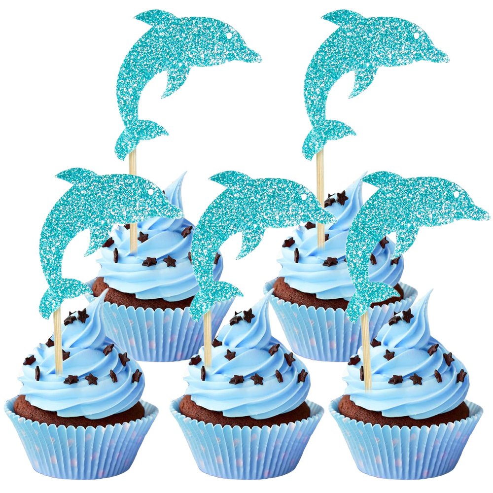 12 PCS Glitter Blue Dolphin Cupcake Toppers, Ocean Theme Cake Decor for Dolphin Themed Birthday Parties or Baby Showers