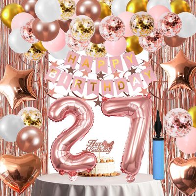 27th Birthday Decorations For Women, 27 Year Olds Happy Birthday Banners Party Decor Balloon Foil Fringe Curtains Heart Star Confetti Balloons, 27th Rose Gold Party Supplies for Girls Women Her