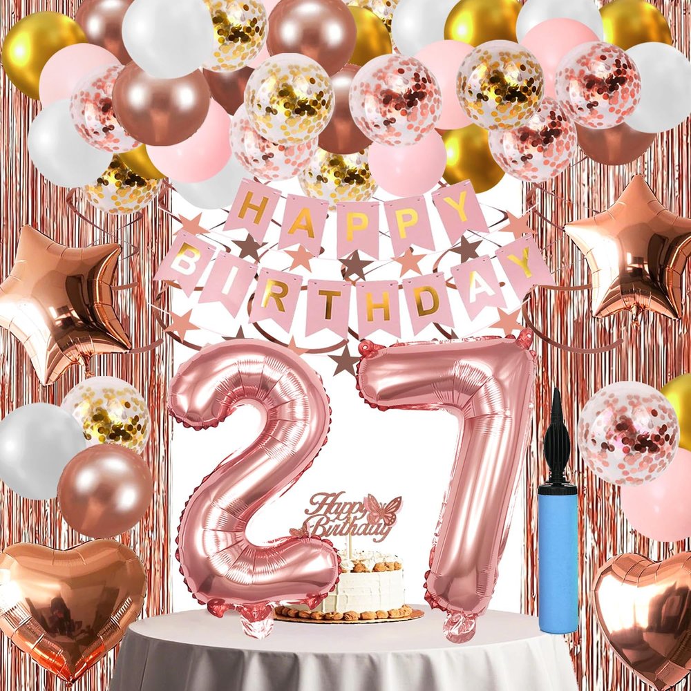 27th Birthday Decorations For Women, 27 Year Olds Happy Birthday Banners Party Decor Balloon Foil Fringe Curtains Heart Star Confetti Balloons, 27th Rose Gold Party Supplies for Girls Women Her