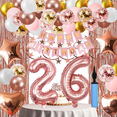 26th Birthday Decorations For Women, 26 Year Olds Happy Birthday Banners Party Decor Balloon Foil Fringe Curtains Heart Star Confetti Balloons, 26th Rose Gold Party Supplies for Girls Women Her