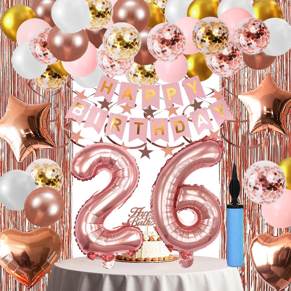 26th Birthday Decorations For Women, 26 Year Olds Happy Birthday Banners Party Decor Balloon Foil Fringe Curtains Heart Star Confetti Balloons, 26th Rose Gold Party Supplies for Girls Women Her