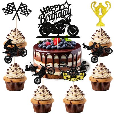 13 Pcs Motorcycle Happy Birthday Cake Toppers  Glitter Motocross Dirt Bike Cupcake Toppers for Sports Theme Party, Man or Boy Birthday Cake Decorations