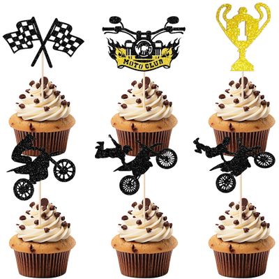 12 Pcs Motorcycle Cupcake Toppers - Glitter Motocross Dirt Bike Picks for Sports Theme Man & Boy Birthday Party Decorations