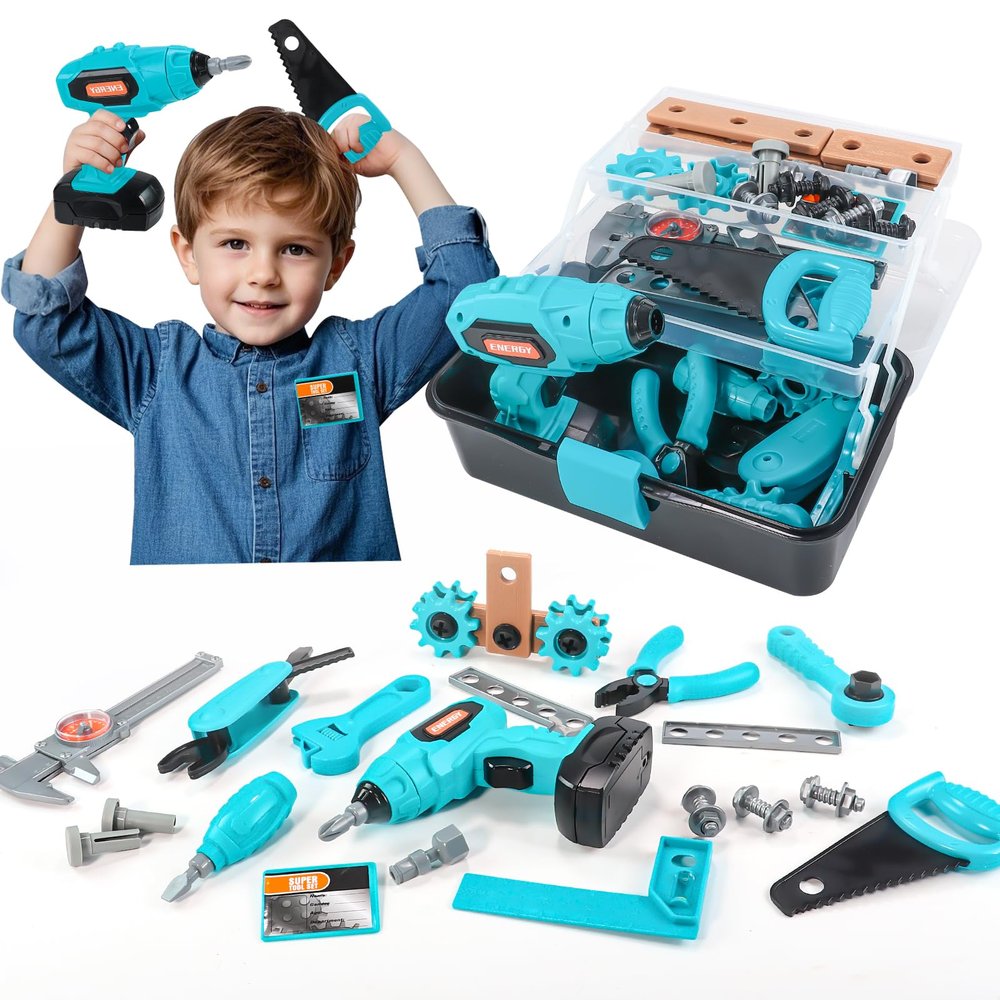GAIETYDIY Kids Tool Set  Pretend Play Toddler Tool Set with Tool Box, Electronic Toy Drill, Screwdriver, Screw Construction Kits, Educational Tools for Kids Ages 3,4,5,6,7 Years Old, Boy Girl