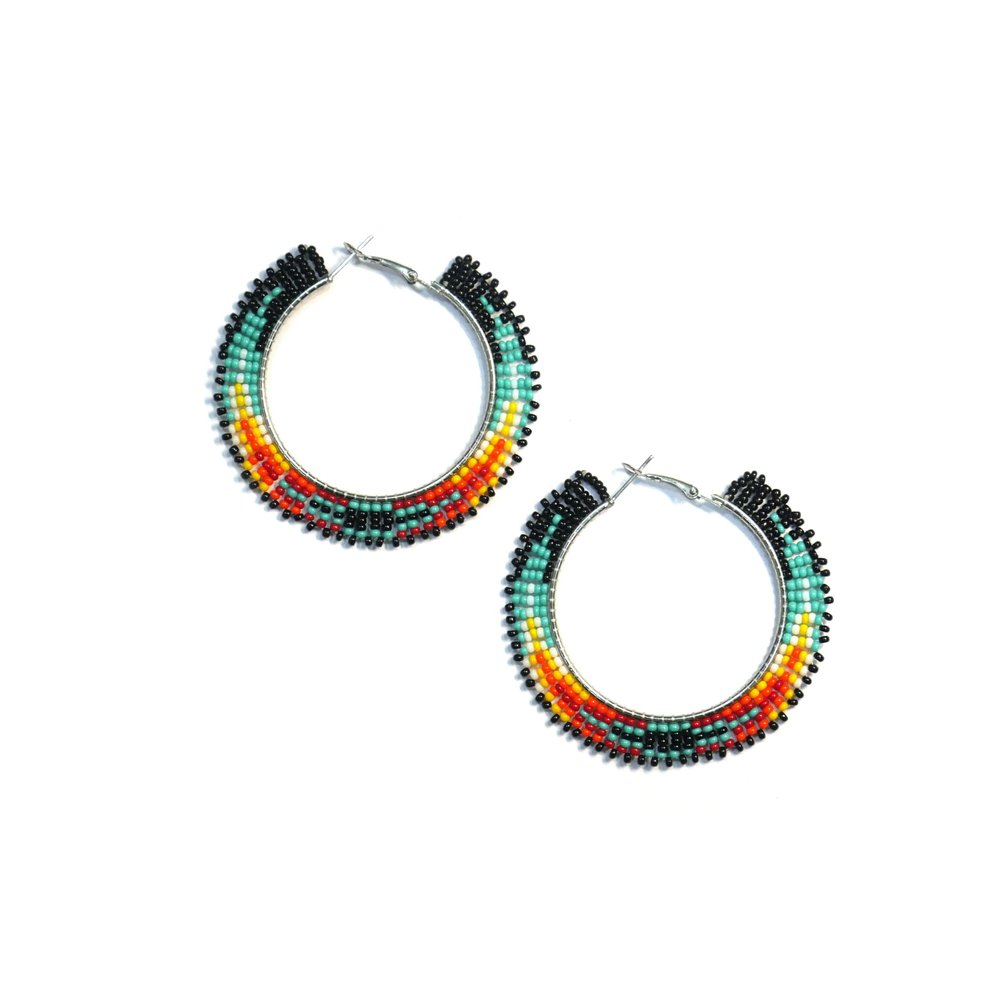 Handmade tribal Long Fringe native glass seed beads beaded earrings (Turquoise & Black Hoop)