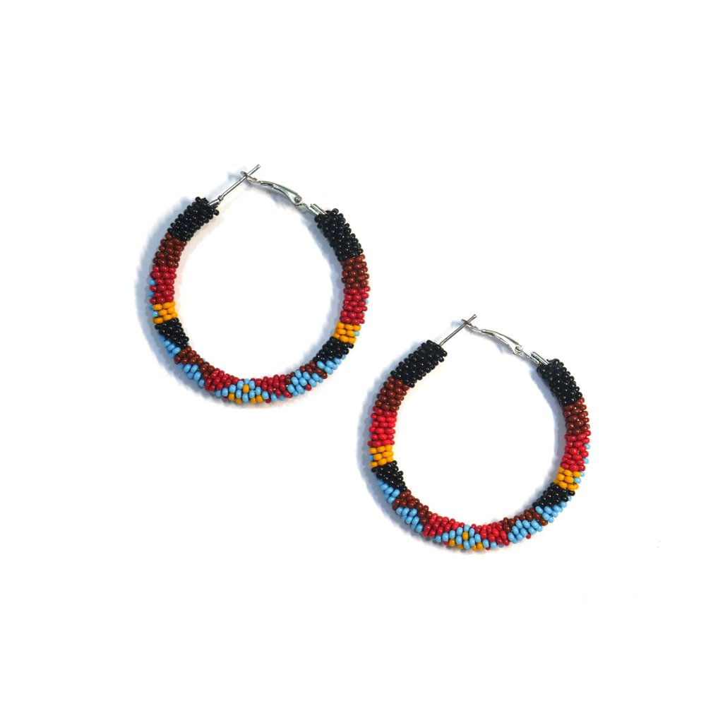 Handmade tribal Long Fringe native glass seed beads beaded earrings (Black & Brown Hoop)