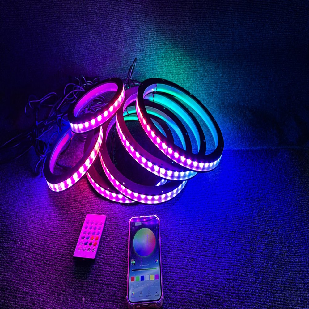 FIJVKNXY 6 PCS 6.5" Dream Color Chasing Flow LED Speaker Rings Set, Bluetooth Remote Control Enabled, Perfect for Sandtoys, Slingshot, Car and Truck Audio Systems