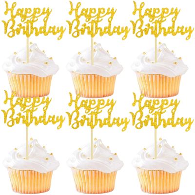 12 Pcs Happy Birthday Cupcake Toppers, Gold Glitter Cupcake Decorations for Adult or Children Birthday Party Decorations