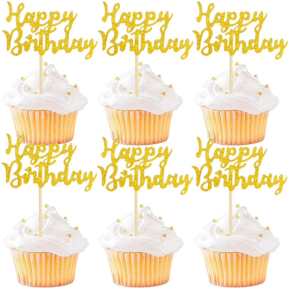 12 Pcs Happy Birthday Cupcake Toppers, Gold Glitter Cupcake Decorations for Adult or Children Birthday Party Decorations
