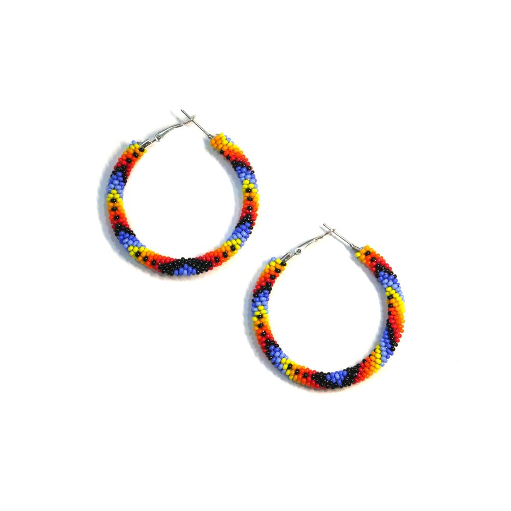 Handmade tribal Long Fringe native glass seed beads beaded earrings (Multi-Color Hoop)
