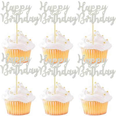 12 Pcs Happy Birthday Cupcake Toppers, Silver Glitter Cupcake Decorations for Adult or Children Birthday Party Decorations