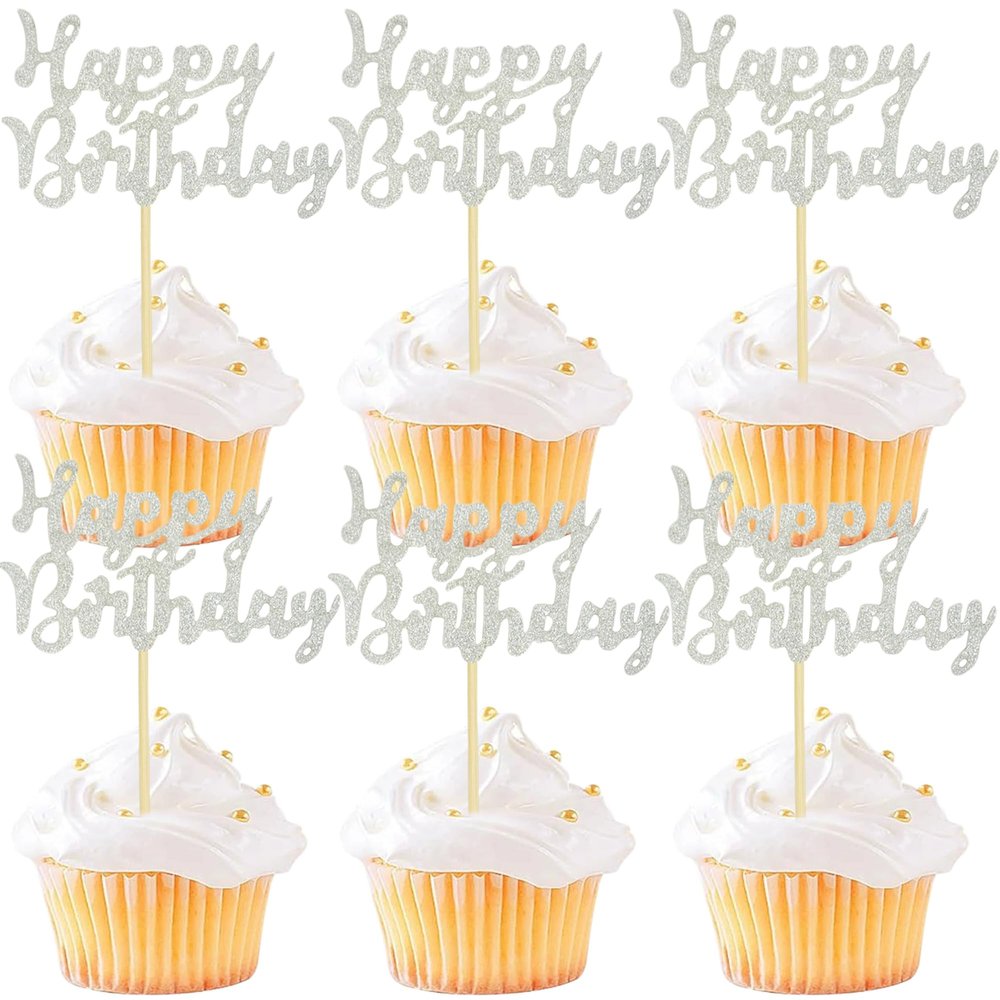 12 Pcs Happy Birthday Cupcake Toppers, Silver Glitter Cupcake Decorations for Adult or Children Birthday Party Decorations
