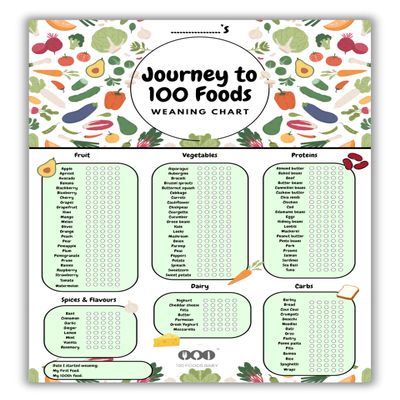 100 Foods Baby Baby Weaning Chart (A3) 100 First Foods Tracker checklist, Baby Food Introduction weaning chart, 6 food groups with progress circles