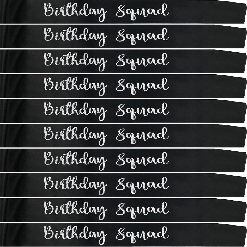10Pcs Birthday Squad Sash Silver Glitter Black Satin Sashes Funny Birthday Sashes Birthday Party Supplies Gifts