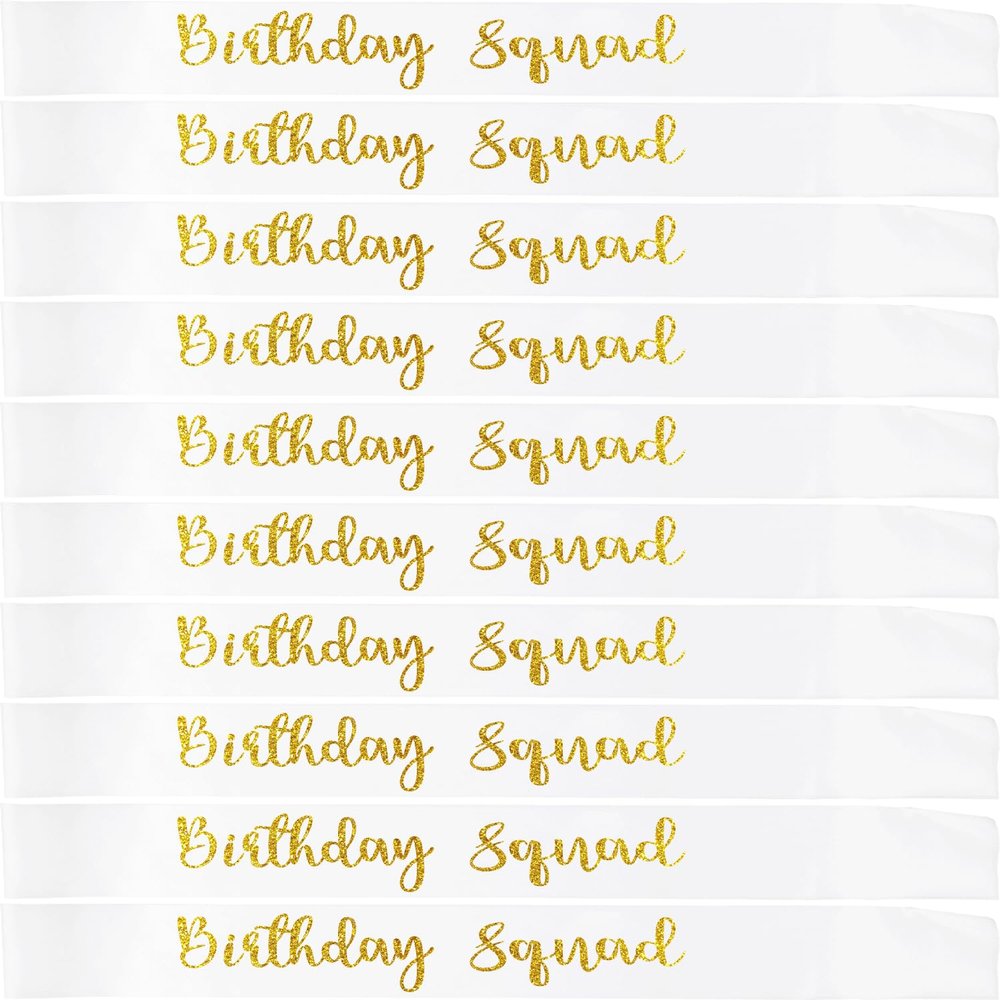 10Pcs Birthday Squad Sash Gold Glitter White Satin Sashes Funny Birthday Sashes Birthday Party Supplies Gifts