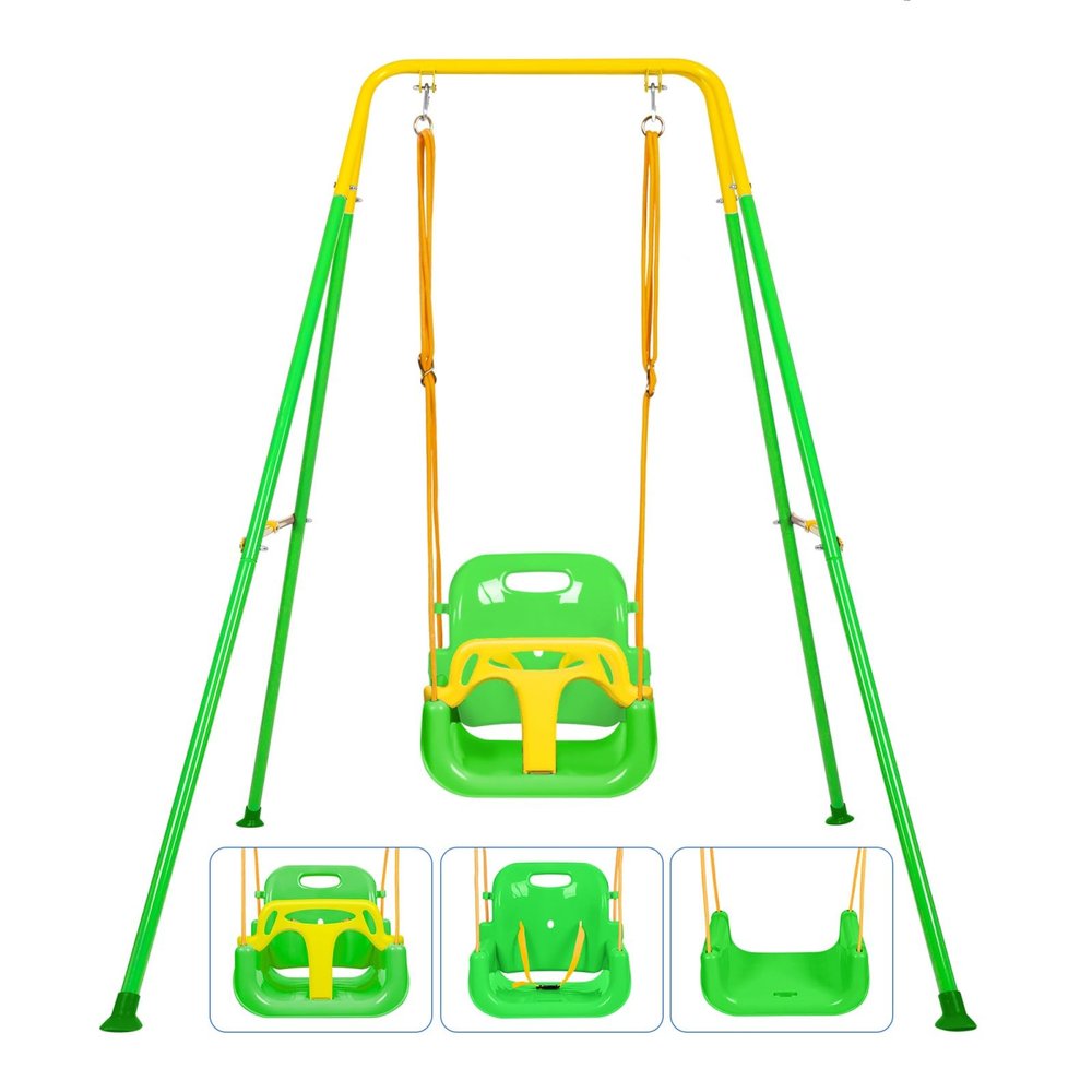 3-in-1 Toddler Swing Set, Baby Swing Set with Foldable Metal Stand for Outdoor/Indoor Play, Safe and Durable Design for Aged 1-10 Years Old, Easy to Assemble & Store (Light Green)