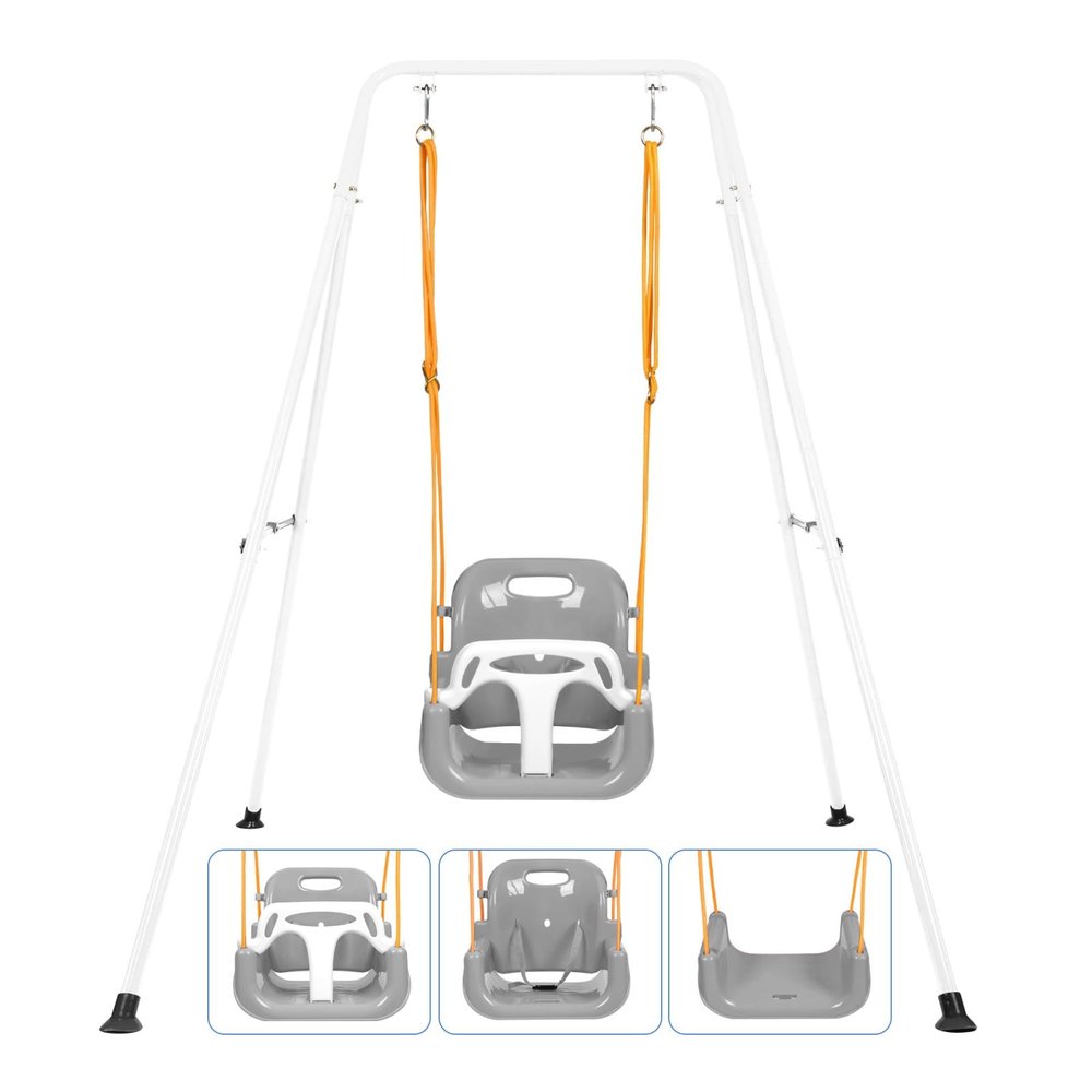 3-in-1 Toddler Swing Set, Indoor & Outdoor Baby Swing Set with Foldable Metal Stand for Backyard, Safe and Durable Design for Aged 1-10 Years, Easy to Assemble & Store (White)