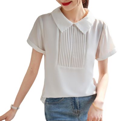 Korean Version Doll Collar White Chiffon Shirt Female Temperament with Short Sleeve Tops(M Code)