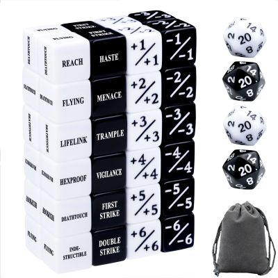 52 Pieces MTG Keywords Counter Dice and Life Counter Tokens Dice Set in Black and White with 4 D20 for MTG, TCG, Cards Gaming Accessories