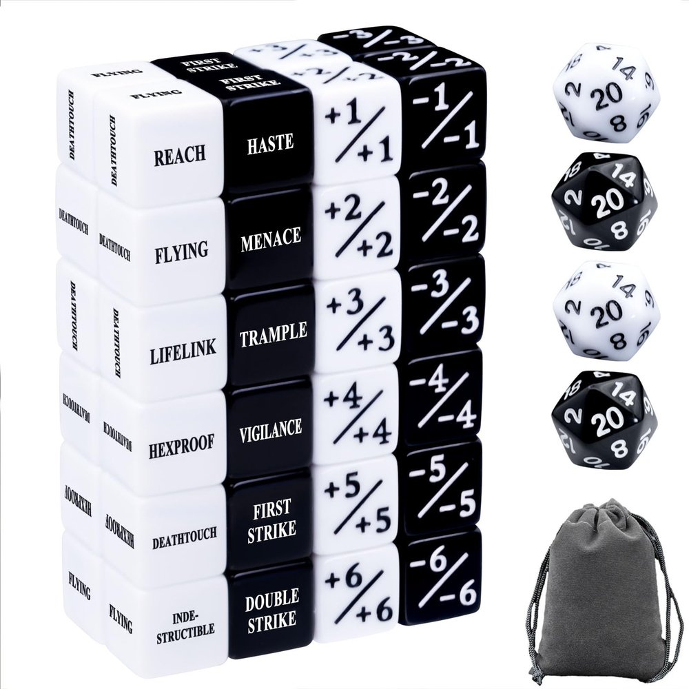 52 Pieces MTG Keywords Counter Dice and Life Counter Tokens Dice Set in Black and White with 4 D20 for MTG, TCG, Cards Gaming Accessories