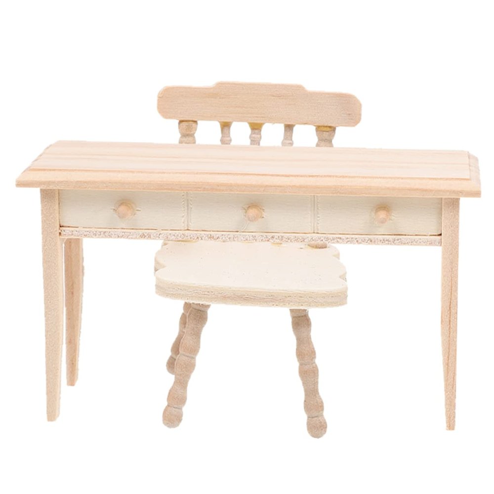 Vaguelly 1set Miniature Wooden Desk Chair and Table for Dollhouse Decor Furniture Models for Mini House Accessories for Creative