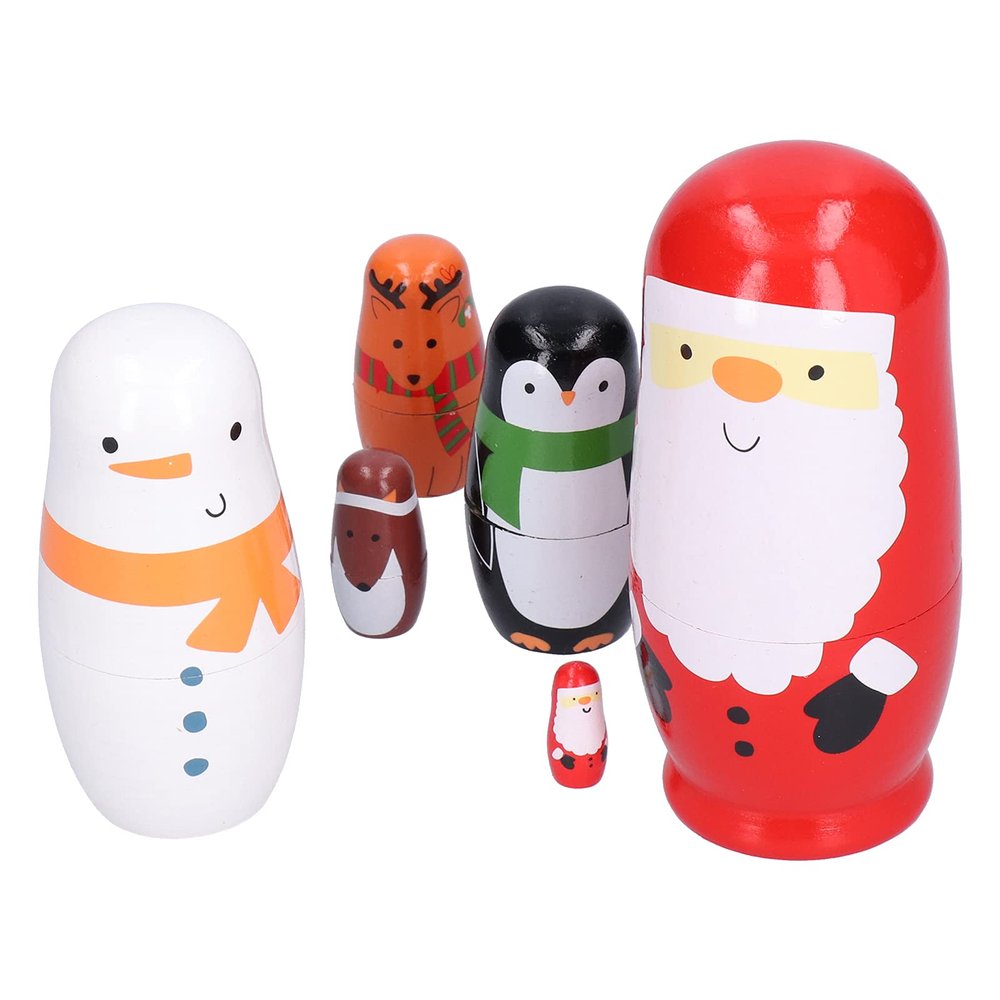 Akozon 6Pcs Traditional Russian Wood Nesting Dolls, Handcrafted Wooden Painted Art Crafts with Cartoon Design, Lovable Ornament for Home Decoration