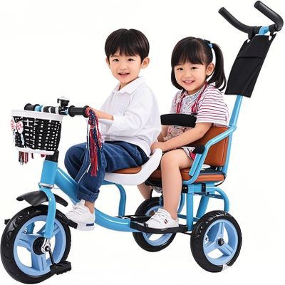 Blue,JIYIAN Trike with Kids Seat- Double Tricycle Easy for Toddler with Removable Push Handle,Basket,Safety Harness,High Carbon Steeltrike Frame,Boys and Girls