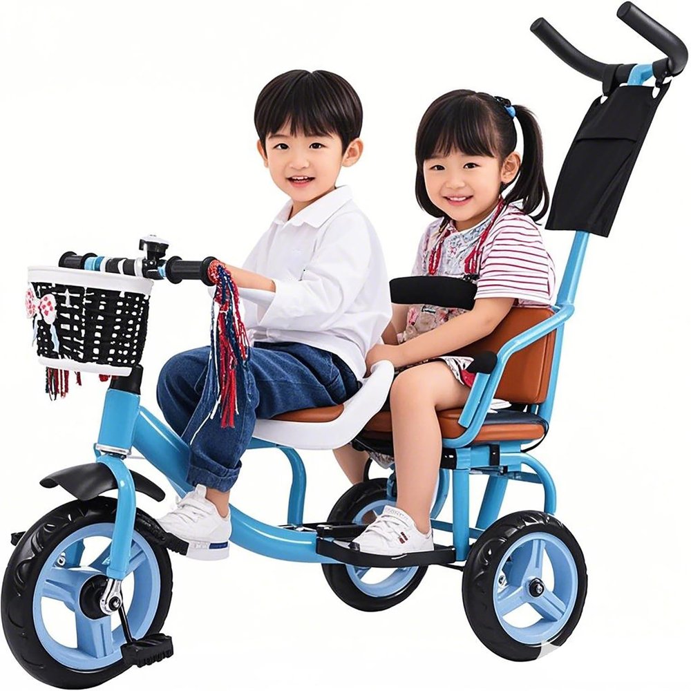 Blue,JIYIAN Trike with Kids Seat- Double Tricycle Easy for Toddler with Removable Push Handle,Basket,Safety Harness,High Carbon Steeltrike Frame,Boys and Girls
