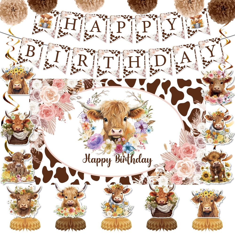 19pcs Highland Cow Birthday Party Decorations for Girls Women Boho Highland Cow Party Supplies with Floral Cows Print Happy Birthday Banner Hanging Swirls Tissue Paper Pom Poms Honeycomb Table Decor