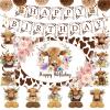 19pcs Highland Cow Birthday Party Decorations for Girls Women Boho Highland Cow Party Supplies with Floral Cows Print Happy Birthday Banner Hanging Swirls Tissue Paper Pom Poms Honeycomb Table Decor view 1