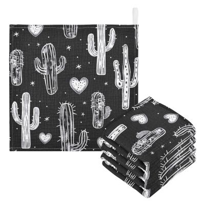 WELLDAY Cactus Black Muslin Baby Washcloths, 5 Pack of Cotton Newborn Wash Cloths, Extra Soft & Ultra Absorbent Baby Towels, 12 X 12 in