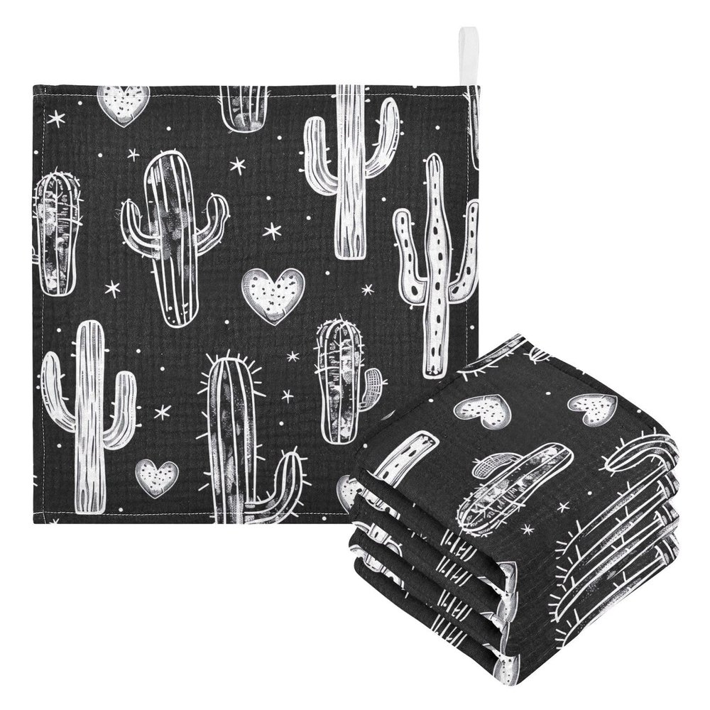 WELLDAY Cactus Black Muslin Baby Washcloths, 5 Pack of Cotton Newborn Wash Cloths, Extra Soft & Ultra Absorbent Baby Towels, 12 X 12 in