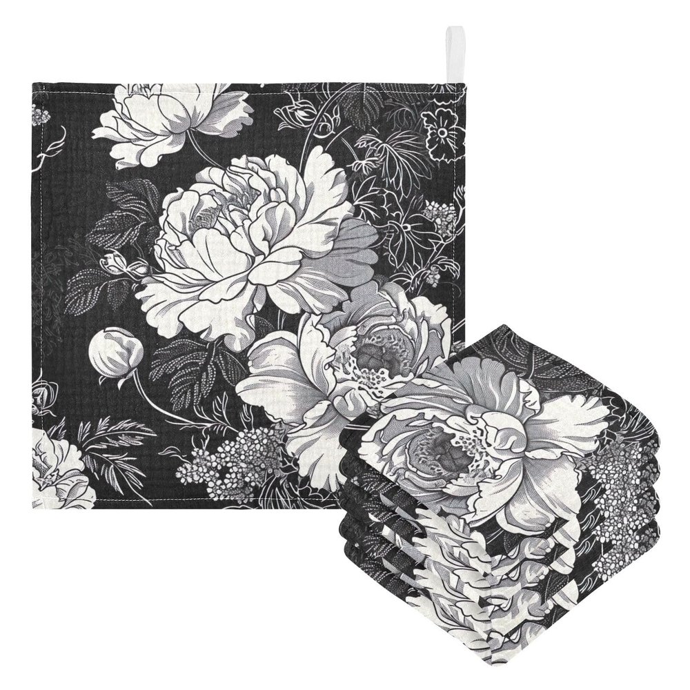 WELLDAY White Flowers Black Muslin Baby Washcloths, 3 Pack of Cotton Newborn Wash Cloths, Extra Soft & Ultra Absorbent Baby Towels, 12 X 12 in
