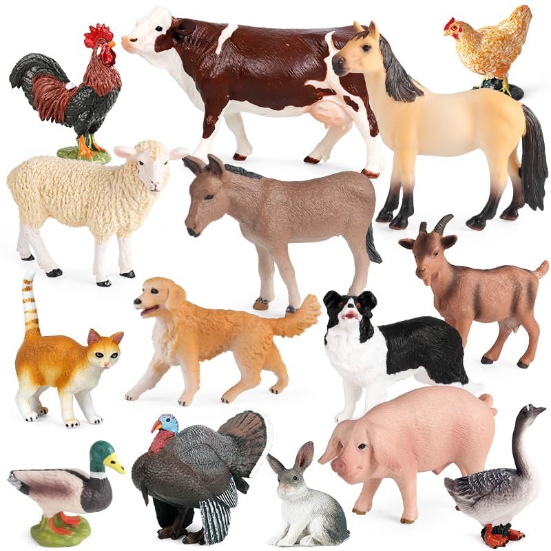 15pcs Farm Animal Toys for 3 4 5 6 7 Years Old Toddlers Girls Boys, Plastic Toy Farm Animal Figurines Playset with Cow Horse Dog Cat and etc, Educational Learning Toys & Birthday Easter Gifts