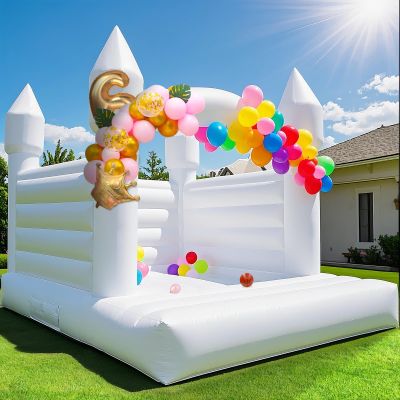 14FT White Bounce House with Slide and Ball Pit - 100% PVC Inflatable Castle for Kids, Easy Setup Outdoor Bouncy House for Parties, Holidays, and Yard Fun