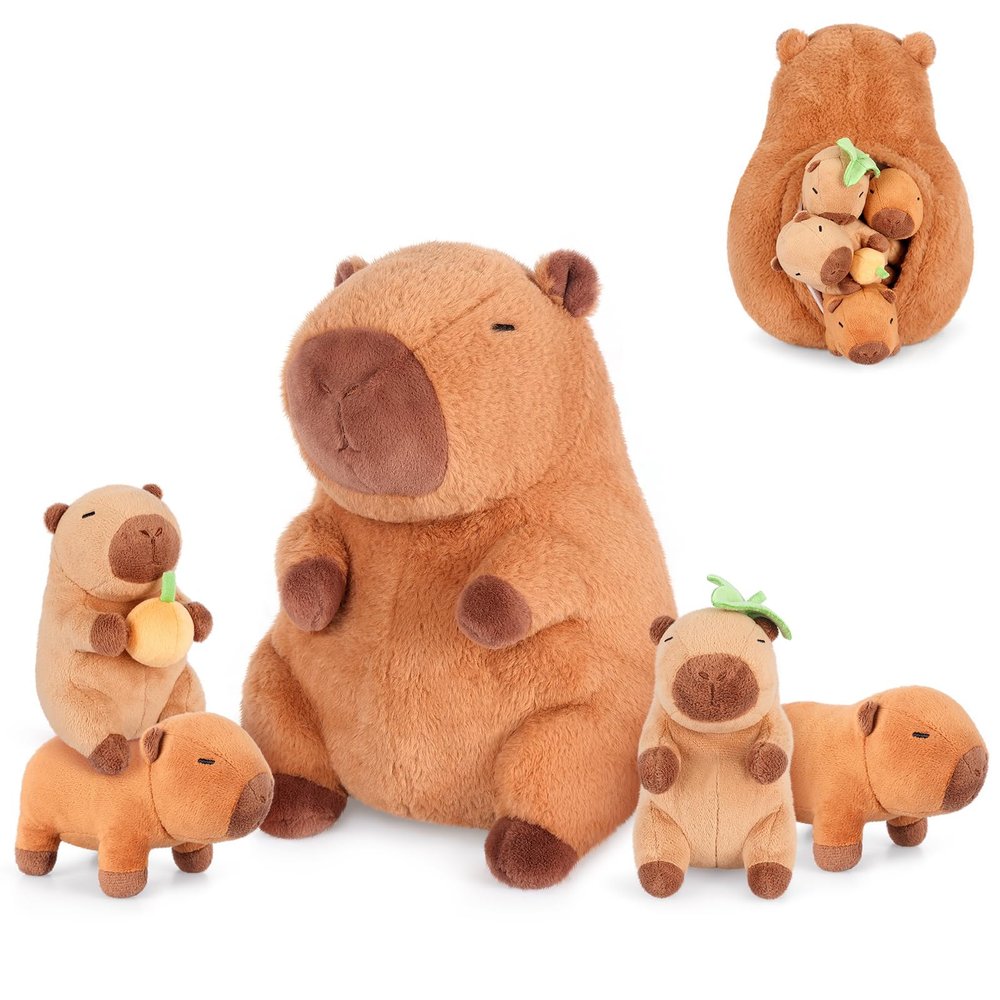 5-in-1 Sitting Capybara Stuffed Animals with Babies Inside, 5PC Set Capybara Plush with Mommy & 4 Babies, Soft Pillow Decor, Cute 3 to 8 Year Old Girl Boy Gifts, Imaginative Play Toy(Capibara)