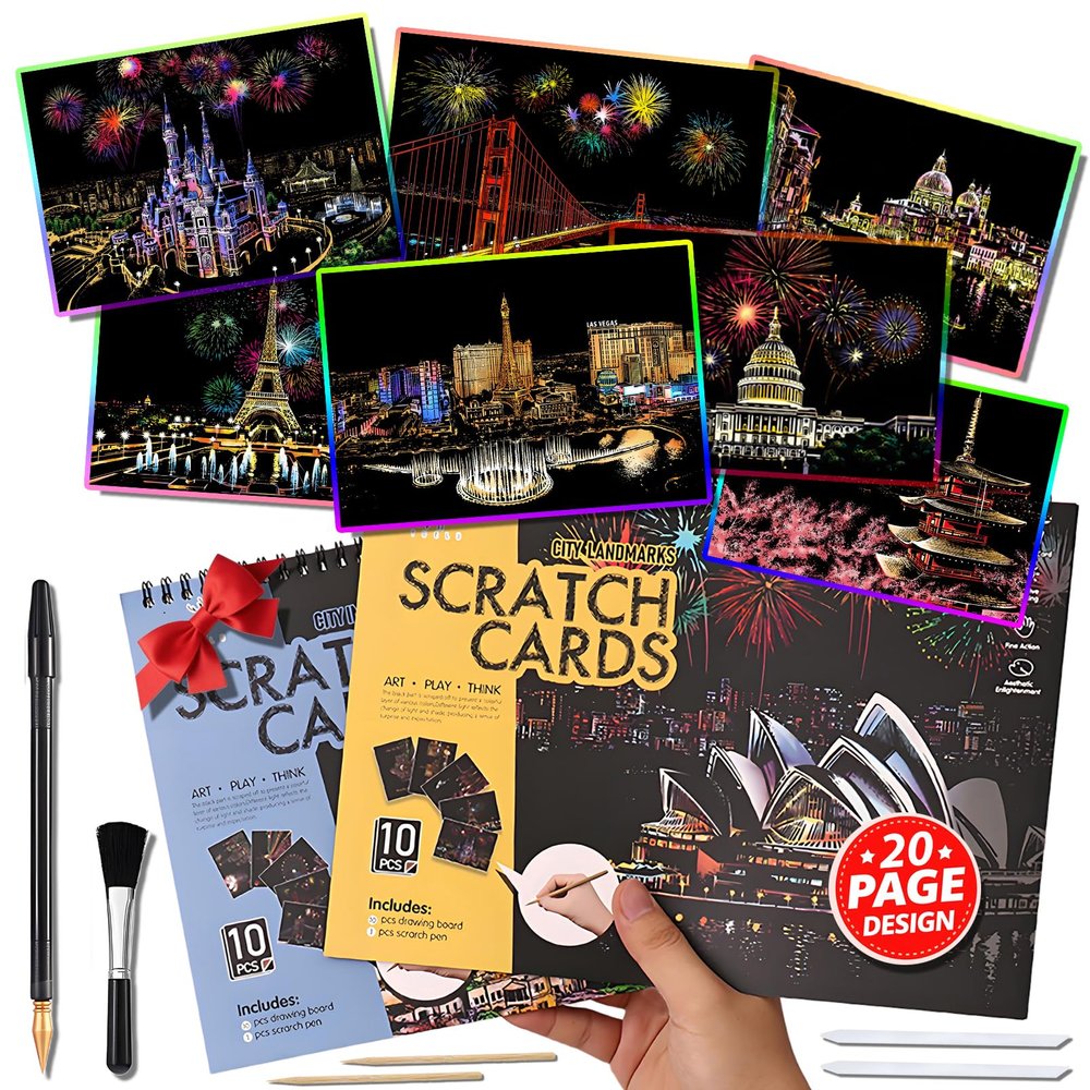 20 PCS Cityscape Scratch Art Book for Teen & Adults: DIY Colorful City Series Painting Paper | ASMR Stress-Relief Engraving Kit Scratchboard | DIY Sketch Card Creative Craft Toy (Rainbow Landmarks)