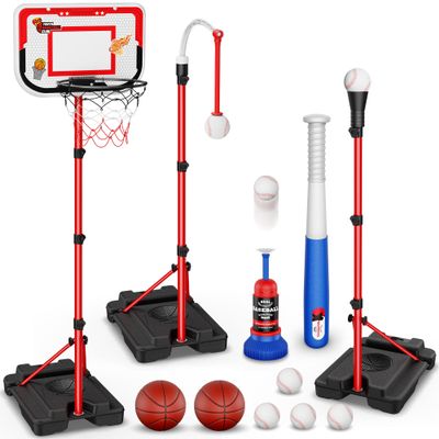 4 in 1 Kids Basketball Hoop and T-Ball Set - Adjustable Hanging T-Ball Stand with Automatic Pitching Machine, Indoor Outdoor Sports Toys, Christmas Birthday Gifts for Boys Girls Ages 3-8