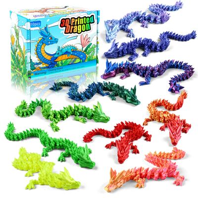 Impossmaker 10PCS Rainbow 12" 3D Printed Dragon Set  Colorful Articulated Crystal Dragons, Cool Fidget Toys & Desk Decor, Unique 3D Printed Animals, Vibrant Gift for Teens, Adults, Fantasy Fans