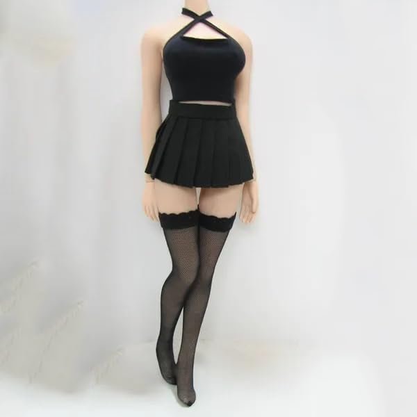 1/6 Scale Female Clothes, Black Halter & Skirt Set Outfit for 12'' Female Action Figure, Cross Neck Black Halter Tops Doll Costume with Pleated Skirt & Stocking Clothing Accessories