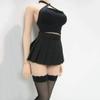 1/6 Scale Female Clothes, Black Halter & Skirt Set Outfit for 12'' Female Action Figure, Cross Neck Black Halter Tops Doll Costume with Pleated Skirt & Stocking Clothing Accessories view 2