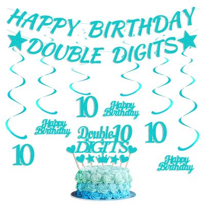 10th Birthday Decorations Banner Girls - 9 Pcs Teal Blue Banners Swirls Cake Topper Happy Birthday Double Digits Party Supplies For 10 Year Old Bday Party Cheers To Ten Party Sign Decor