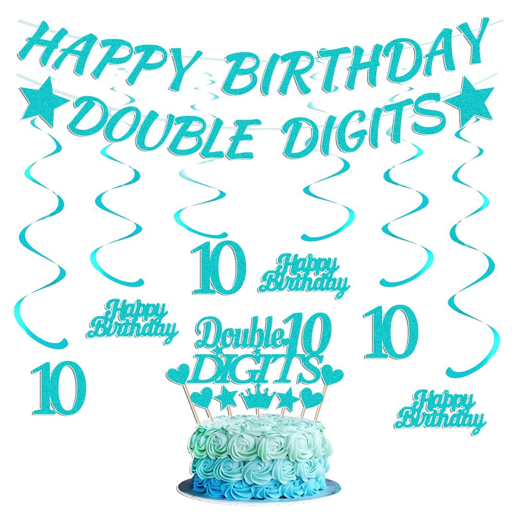 10th Birthday Decorations Banner Girls - 9 Pcs Teal Blue Banners Swirls Cake Topper Happy Birthday Double Digits Party Supplies For 10 Year Old Bday Party Cheers To Ten Party Sign Decor