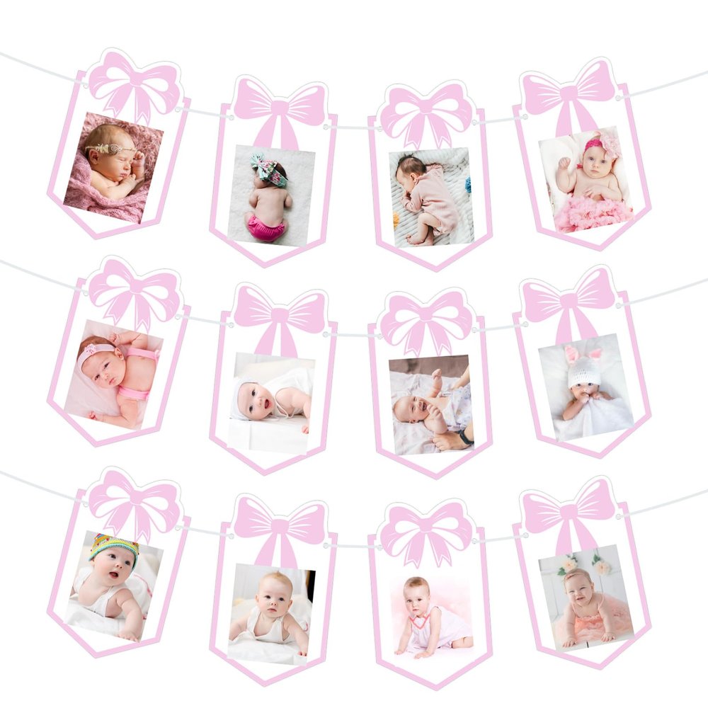 12 Month Bow Photo Banner, Milestone Pink Bow Growth Record Banner Monthly Milestones Garland First Birthday Decorations for Baby From Newborn To 12 Months